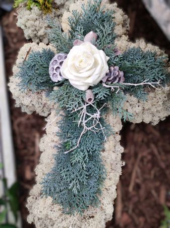 Kreuz aus Islandmoos mit Zypresse und Wachsrose zum Totensonntag